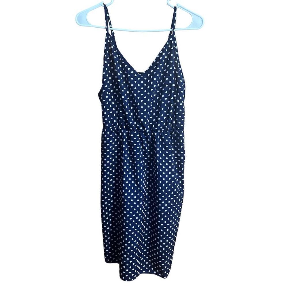SHEIN Curve Plus Size 0X Navy Blue Polka Dot Midi Cami Dress V-Neck Sleeveless